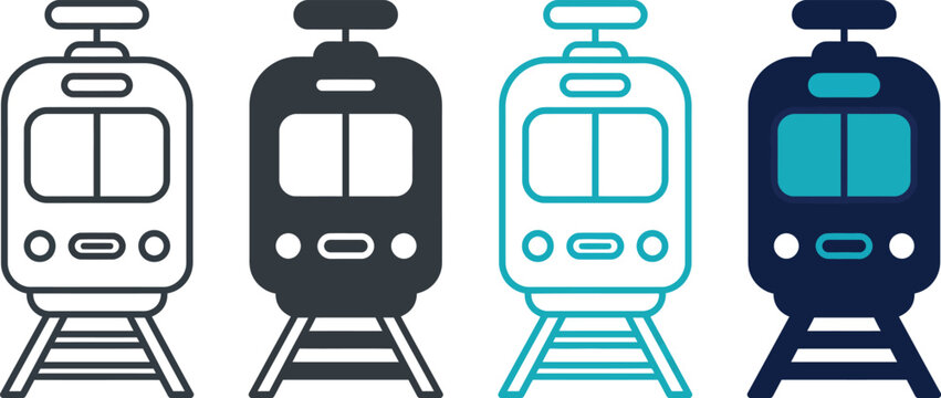 Four train and tram icons in different outline and solid color styles on rails