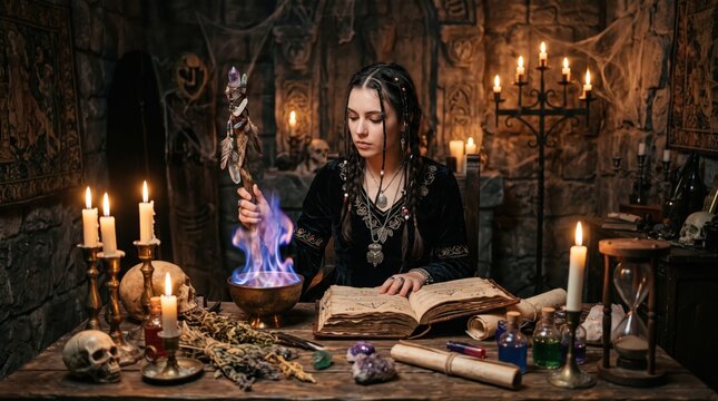 Young witch casting ancient spell with magic staff and spellbook