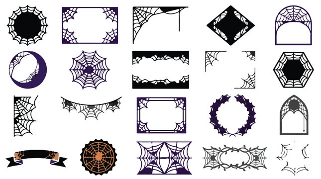 Gothic lace frames and spooky spider webs. Vintage Halloween ornaments. Elegant black and purple borders. Retro vector elements for decoration.