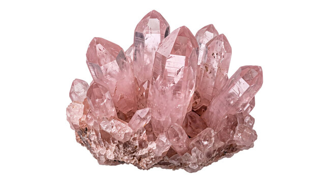 Cluster of pink rose quartz crystals on png on isolated transparent background