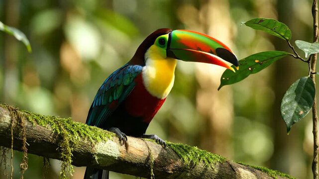 Colorful toucan perched on mossy branch in tropical forest setting