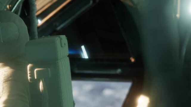 A person explores the inside of a spacecraft. Bright lights illuminate the area. A window shows a view of space outside. The setting indicates advanced technology and exploration.