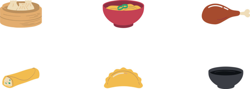 Traditional Chinese food icon vector set featuring dim sum ramen noodles chicken leg spring roll dumpling and dipping sauce for restaurant menu design