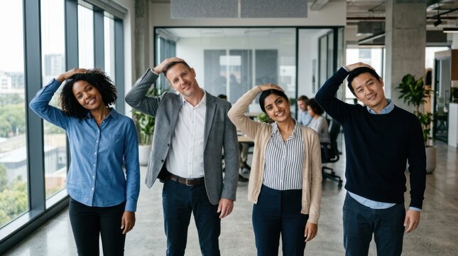 Diverse colleagues performing neck stretches in modern office for workplace wellness