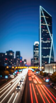 Modern out of focus city landscape with glowing bokeh lights and architectural lines perfect for a professional corporate header background, skyline, minimal, soft