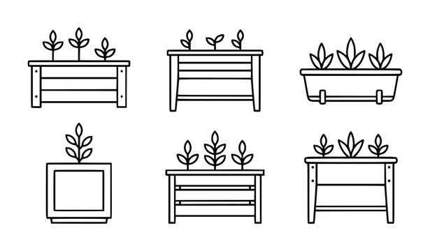 Planter box line art icon set with raised garden wooden and balcony planter outline vectors