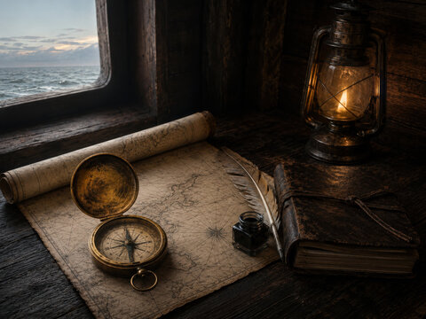 Vintage compass and lantern beside window with map and journal