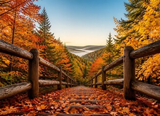 Fototapeta premium Serene autumn descent on a leaf covered rustic wooden staircase in deep forest with negative space