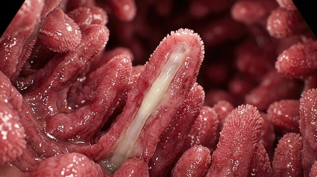 Intestinal lacteal vessel filled with thick milky chyle, demonstrating deep pink mucosal villus anatomy, cross section of human lymphatic capillary, showing lipid absorption process.