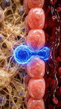 Luminescent lymphocyte transmigration, migrating across high endothelial venule wall, entering lymphatic tissue matrix, extravasation process under microscopy.