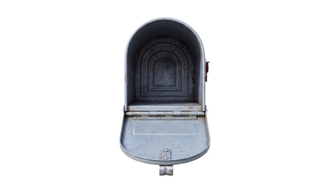 Empty open metal mailbox interior view png on isolated transparent background