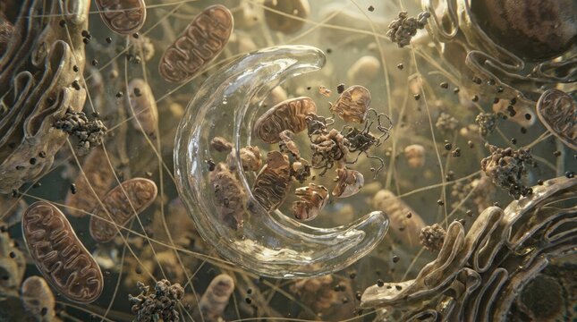 Autophagosome engulfing fragmented mitochondrion during autophagy, showing cellular recycling, organelle degradation, cytoplasmic rejuvenation, metabolic clearance.