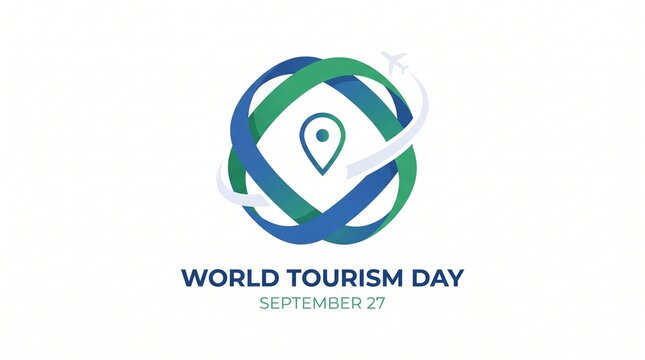 World tourism day circular logo with globe icon and text in blue and green