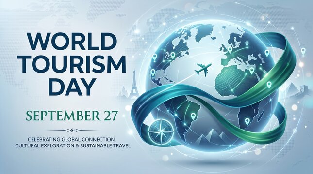 World tourism day promotional poster with globe airplane travel icons