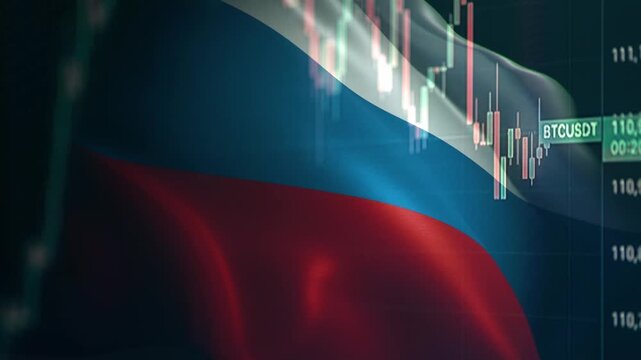 A dynamic timelapse video featuring fast moving stock market candlestick bars blended with a waving Russian flag, representing Russian economy, Moex financial markets, and Eurasia trading dynamics.