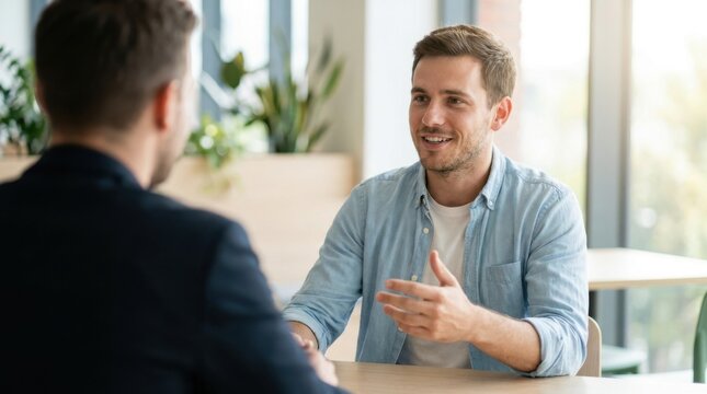 Two men having a professional conversation in a bright modern office meeting space.