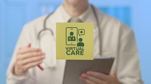 Medical professional explaining virtual care options while holding a tablet for a telehealth consultation, illustrating the modern concept of digital healthcare and remote patient monitoring