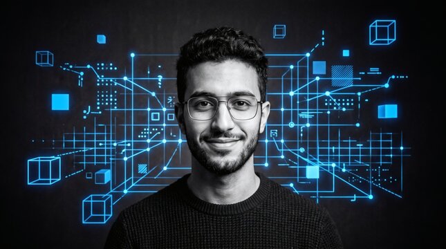 Young man with glasses smiles in front of a futuristic blue digital network grid with cubes