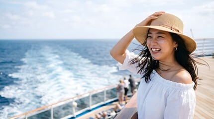 Fototapeta premium Happy Asian Woman Wearing Straw Hat Enjoying Ocean View On Cruise Ship Deck During Summer Vacation