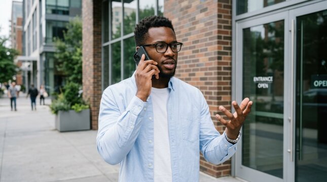 Black man talking on smartphone outdoors in city street, professional mobile communication.