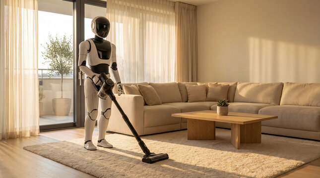 Humanoid robot cleaning living room carpet with vacuum cleaner in modern home interior