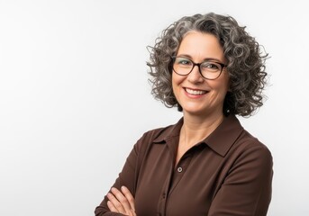 Obraz premium Smiling professional woman with glasses and curly hair arms crossed