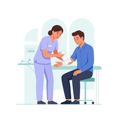 Fototapeta premium Nurse applies bandage to patient's arm in clinic, medical care, injury treatment, healthcare concept illustration