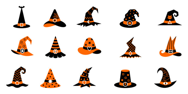 Various colorful halloween witch hats with patterns for seasonal holiday decorations and creative party invitation designs