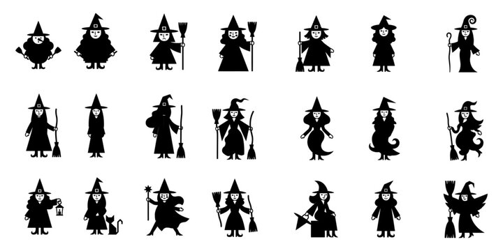 Black silhouette collection of various witch characters for halloween party decorations and creative seasonal design projects