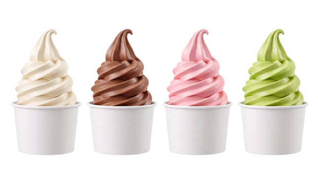 Four soft serve ice cream cones in white png on isolated transparent background
