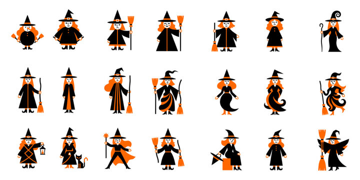 Set of cute cartoon witches with broomsticks and cats for halloween holiday celebration graphic design elements