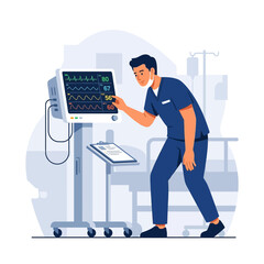 Fototapeta premium Nurse Monitoring Patient Vital Signs on Medical Monitor in Hospital Room