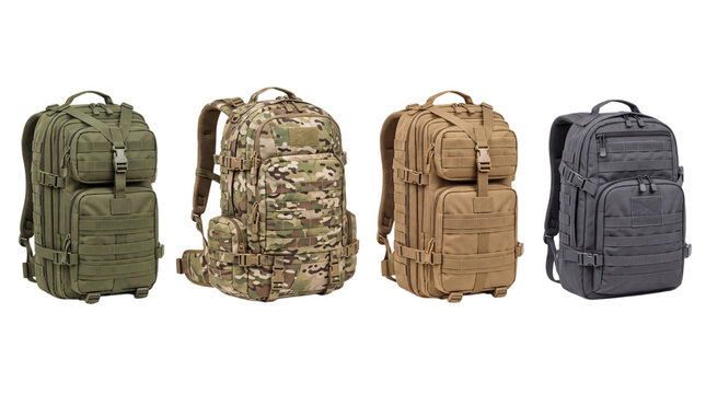 Four tactical backpacks in different png on isolated transparent background