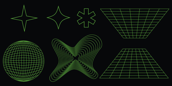 Futuristic green wireframe vector shapes and abstract geometric grid symbols on black background with sci fi wireframe abstract geometric futuristic hologram trapezoid illustration computer
