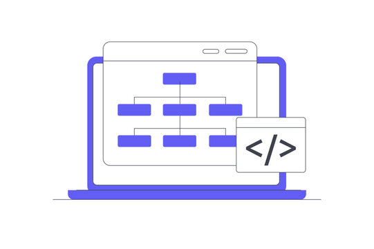 SEO Structure Sitemap and Website Architecture Hierarchy Optimization. Laptop Screen Displaying Site Structure Chart Diagram near Code Script Tag Window. Flat Cartoon Vector Illustration, icon Stylish
