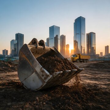 Excavator at an urban construction site with modern skyscrapers at sunset, symbolizing city development, infrastructure, construction, and progress