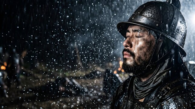 Dramatic Asian Warrior in Ancient Armor and Helmet Standing in Heavy Rain on Dark Night Battlefield