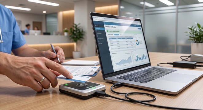 Patient Tapping Health Insurance Card on Contactless Medical Reader