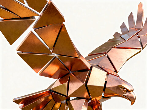 Metallic copper eagle sculpture constructed from geometric triangular shards flying against a clean bright white background