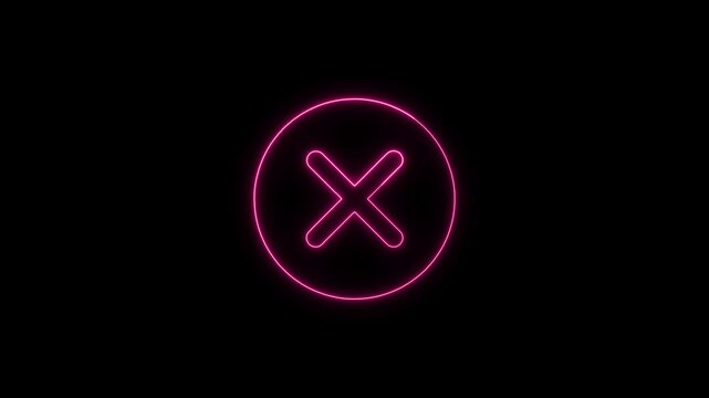 Glowing Pink Neon X Cross Icon Animation on Black Background, Cancel, Close and Digital Interface Concept