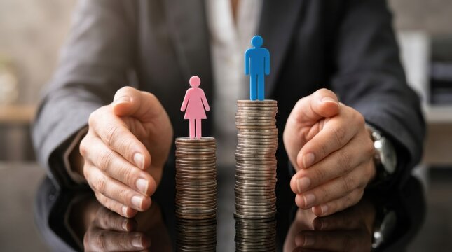 Hands protecting coin stacks with gender figures representing the gender pay gap concept