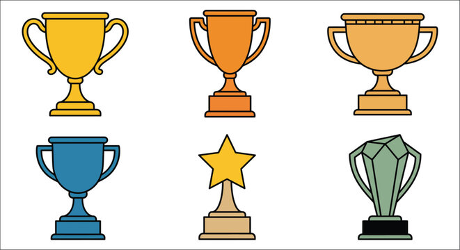 A collection of colorful trophy illustrations with varying designs on a white background trophies awards