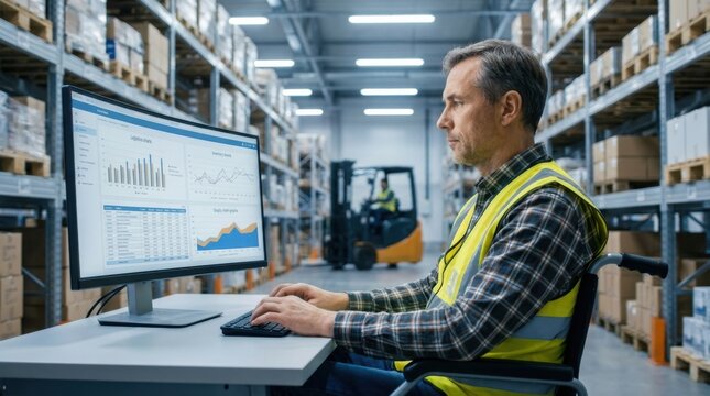 Warehouse manager using computer for logistics data analysis in a distribution center