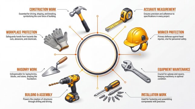 Construction hand tools infographic. Circular diagram featuring hammer tape measure hard hat wrench screwdriver drill trowel and safety gloves