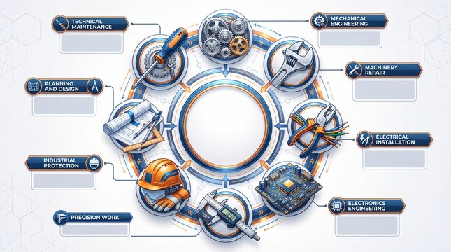 Industrial engineering and technical maintenance infographic. Circular diagram featuring gears screwdriver wrench pliers microchip and caliper