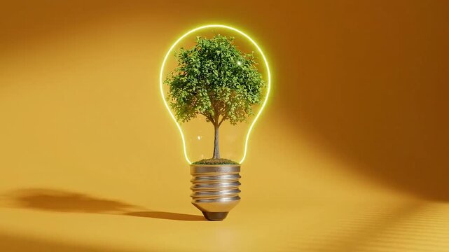 Green tree inside a glowing light bulb on yellow background