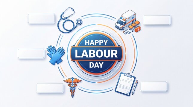 Happy Labour Day medical infographic banner. Healthcare worker appreciation template with ambulance stethoscope and medical icons on white
