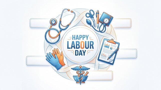 Happy Labour Day greeting card for medical workers. Vector illustration with stethoscope clipboard medical gloves and caduceus symbol