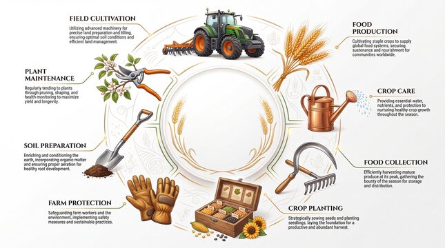 Agriculture Infographic Circular Diagram. Featuring Tractor Wheat Watering Can Sickle Seeds Work Gloves and Shovel on White Background