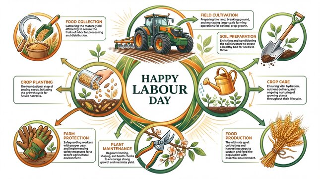 Agriculture infographic for Happy Labour Day. Farming process steps with tractor crop planting watering can and soil cultivation icons